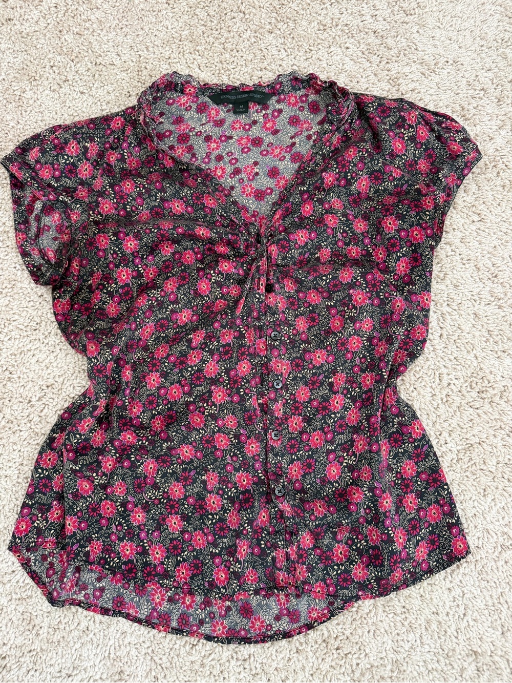 Express Design Studio Silk Blend Blouse Women's Medium Pink Black Flowers
